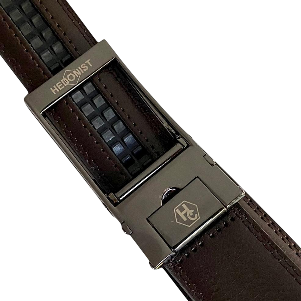 Dark brown leather dress ratchet belt with brushed hollow buckle, hardware close-up