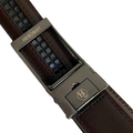 Dark brown leather dress ratchet belt with brushed hollow buckle, hardware close-up