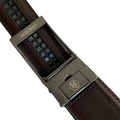 Dark brown leather dress ratchet belt with brushed hollow buckle, hardware close-up