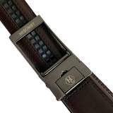 Dark brown leather dress ratchet belt with brushed hollow buckle, hardware close-up