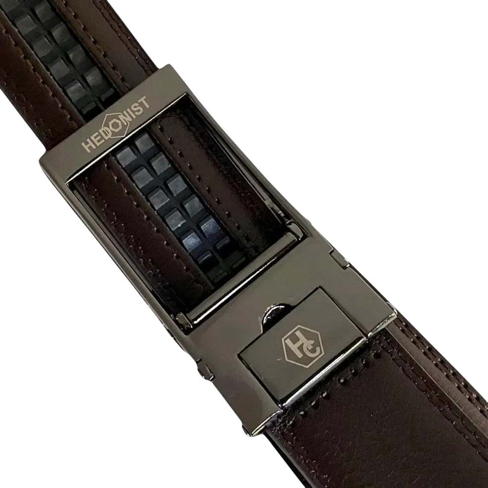 Dark brown leather dress ratchet belt with brushed hollow buckle, hardware close-up