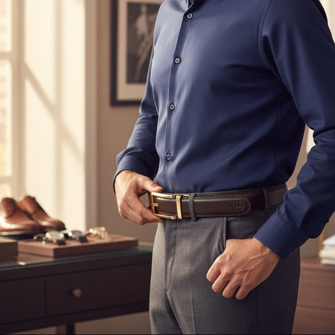 Man adjusting his belt in a clothing store with shoes and shirts in the background