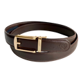 Dark brown leather dress ratchet belt with gold hollow buckle, buckle detail close-up