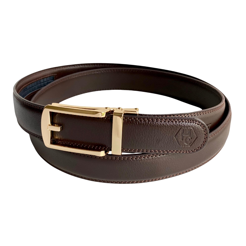 Dark brown leather dress ratchet belt with gold hollow buckle, buckle detail close-up