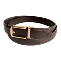 Dark brown leather dress ratchet belt with gold hollow buckle, buckle detail close-up