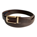 Dark brown leather dress ratchet belt with gold hollow buckle, buckle detail close-up
