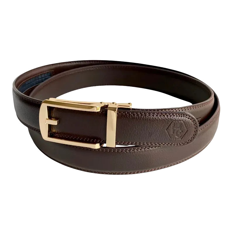 Dark brown leather dress ratchet belt with gold hollow buckle, buckle detail close-up