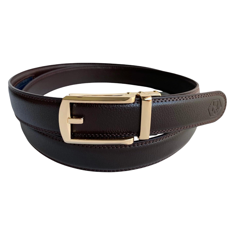 Dark brown leather dress ratchet belt with gold hollow buckle, front view