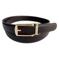 Dark brown leather dress ratchet belt with gold hollow buckle, front view