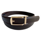 Dark brown leather dress ratchet belt with gold hollow buckle, front view