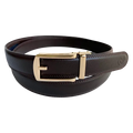 Dark brown leather dress ratchet belt with gold hollow buckle, front view