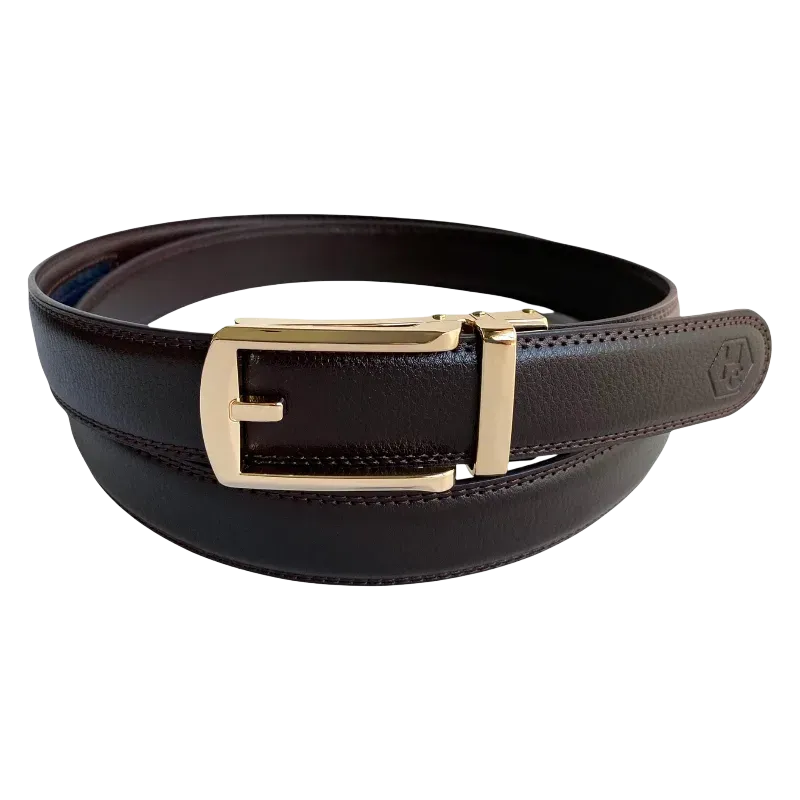 Dark brown leather dress ratchet belt with gold hollow buckle, front view