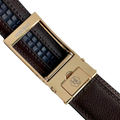 Dark brown leather dress ratchet belt with gold hollow buckle, hardware close-up