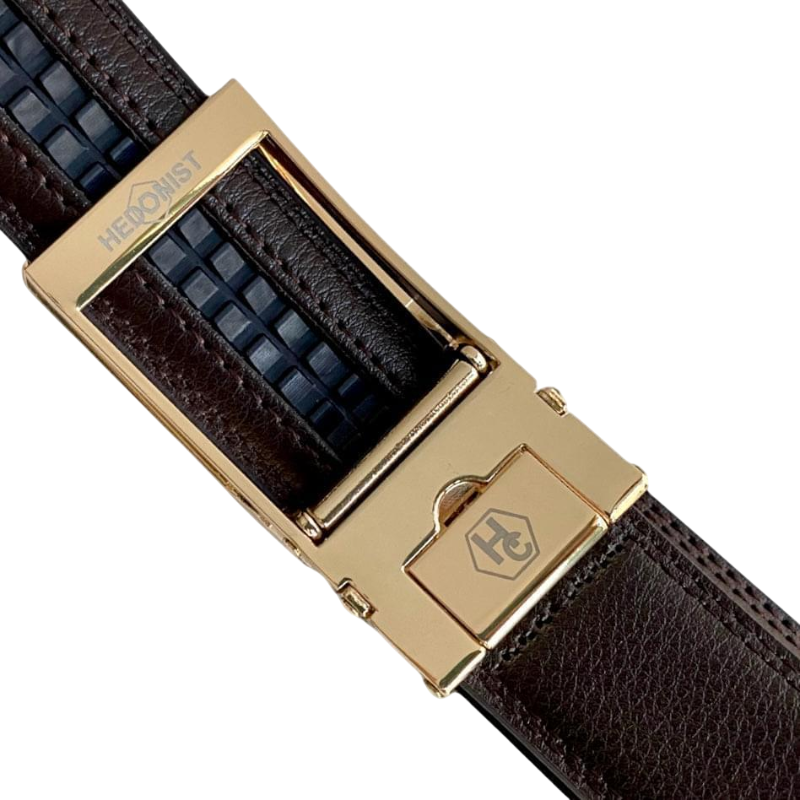 Dark brown leather dress ratchet belt with gold hollow buckle, hardware close-up