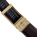 Dark brown leather dress ratchet belt with gold hollow buckle, hardware close-up