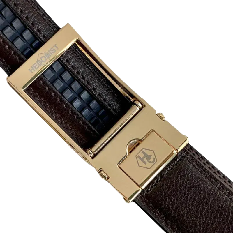 Dark brown leather dress ratchet belt with gold hollow buckle, hardware close-up