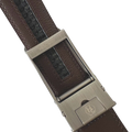 Dark brown leather ratchet belt with matte silver buckle, 1.38 inch, close-up detail view