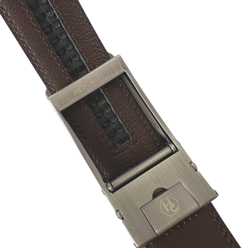 Dark brown leather ratchet belt with matte silver buckle, 1.38 inch, close-up detail view
