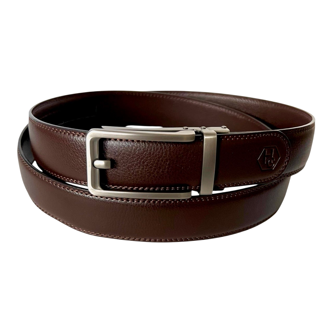 Dark brown leather ratchet belt with matte silver buckle, 1.38 inch, by Hedonist Chicago