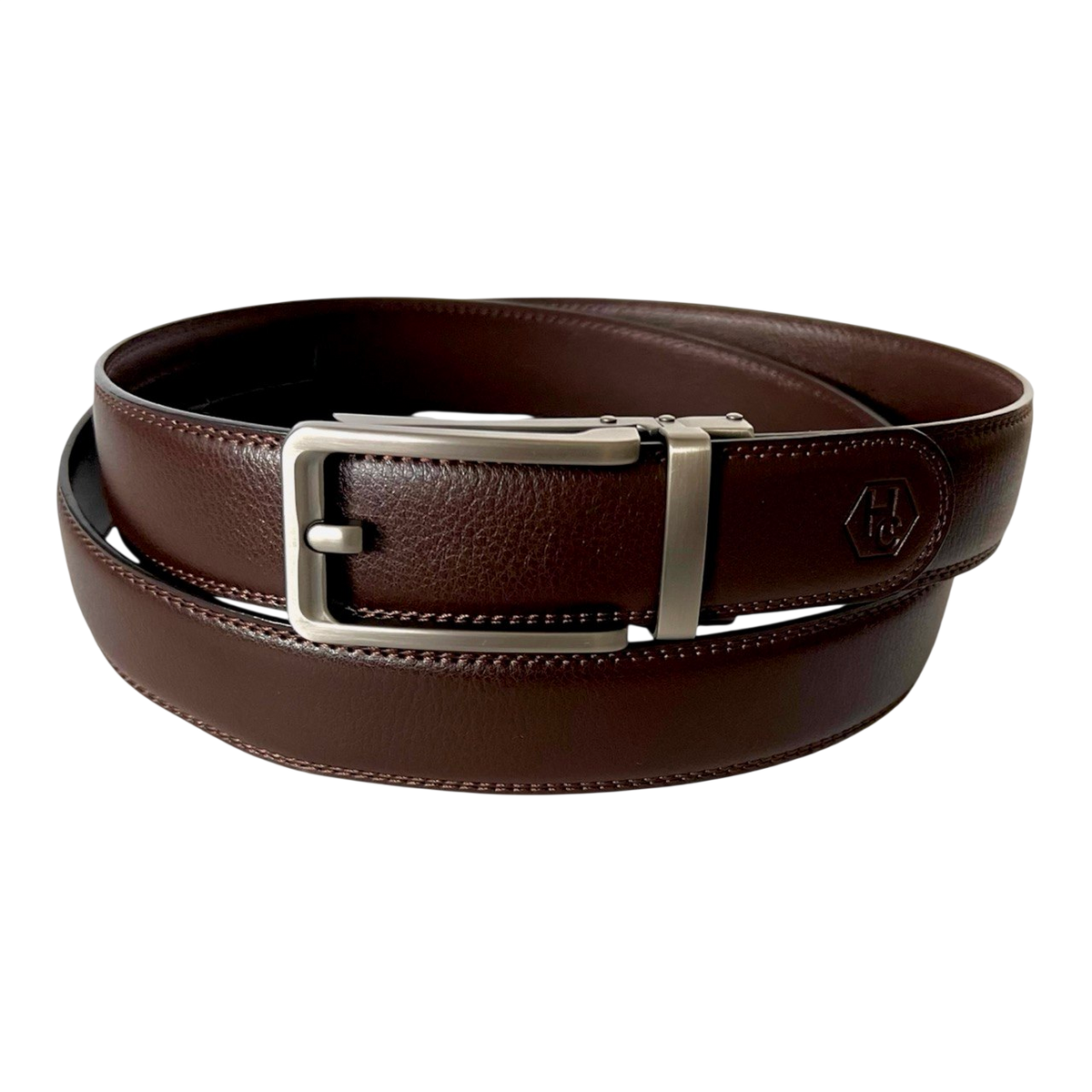 Dark brown leather ratchet belt with matte silver buckle, 1.38 inch, by Hedonist Chicago
