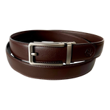 Dark brown leather ratchet belt with matte silver buckle, 1.38 inch, by Hedonist Chicago