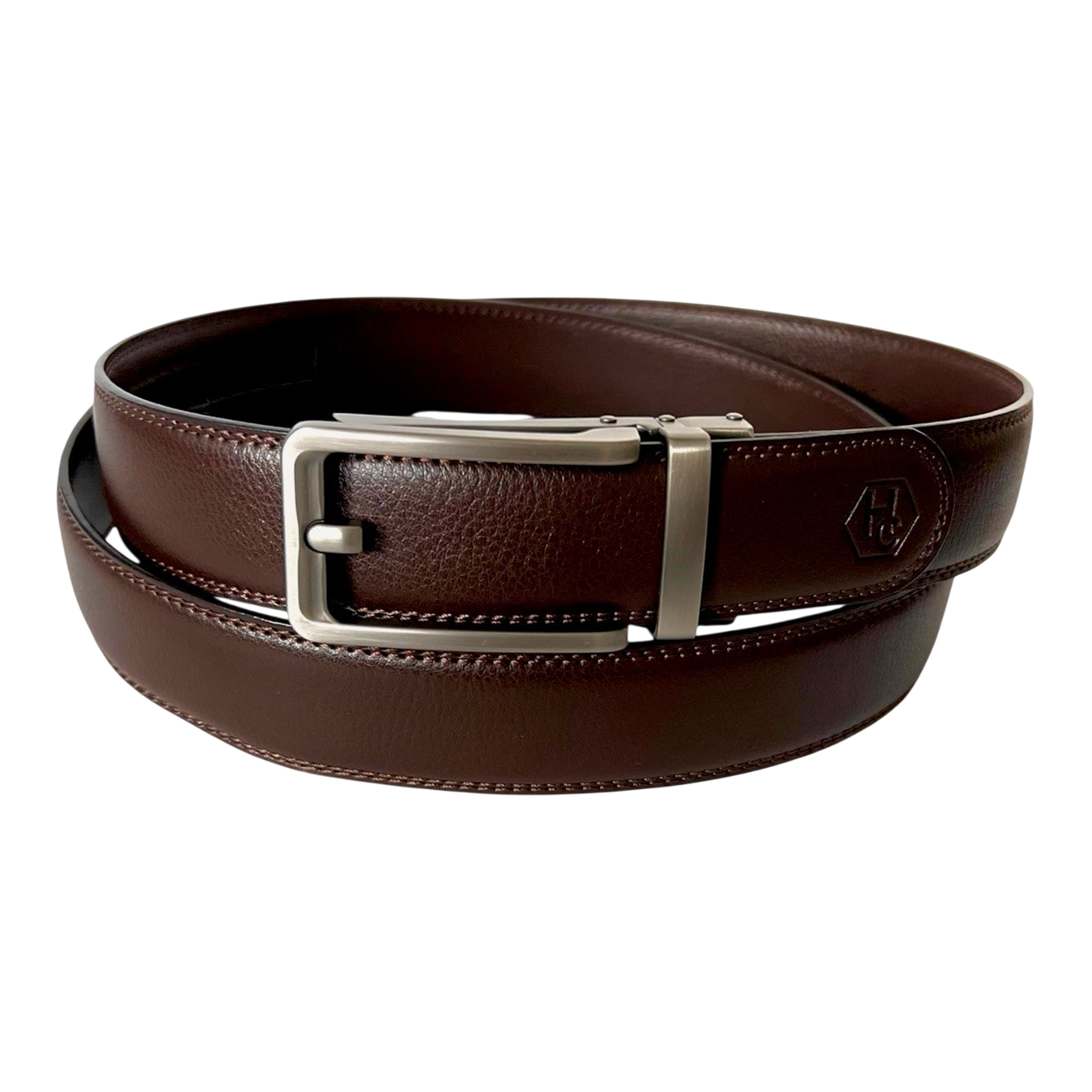 Dark brown leather ratchet belt with matte silver buckle, 1.38 inch, by Hedonist Chicago