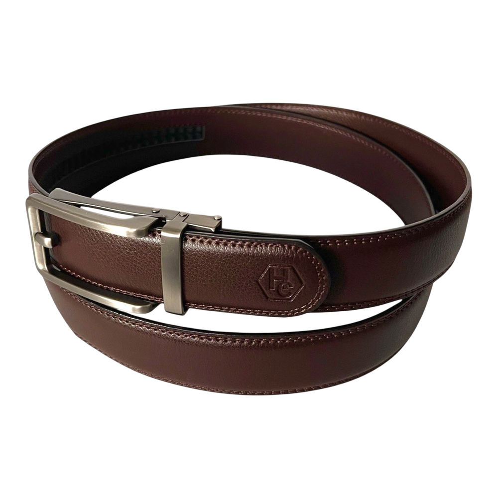 Dark brown leather ratchet belt with matte silver buckle, 1.38 inch, by Hedonist Chicago