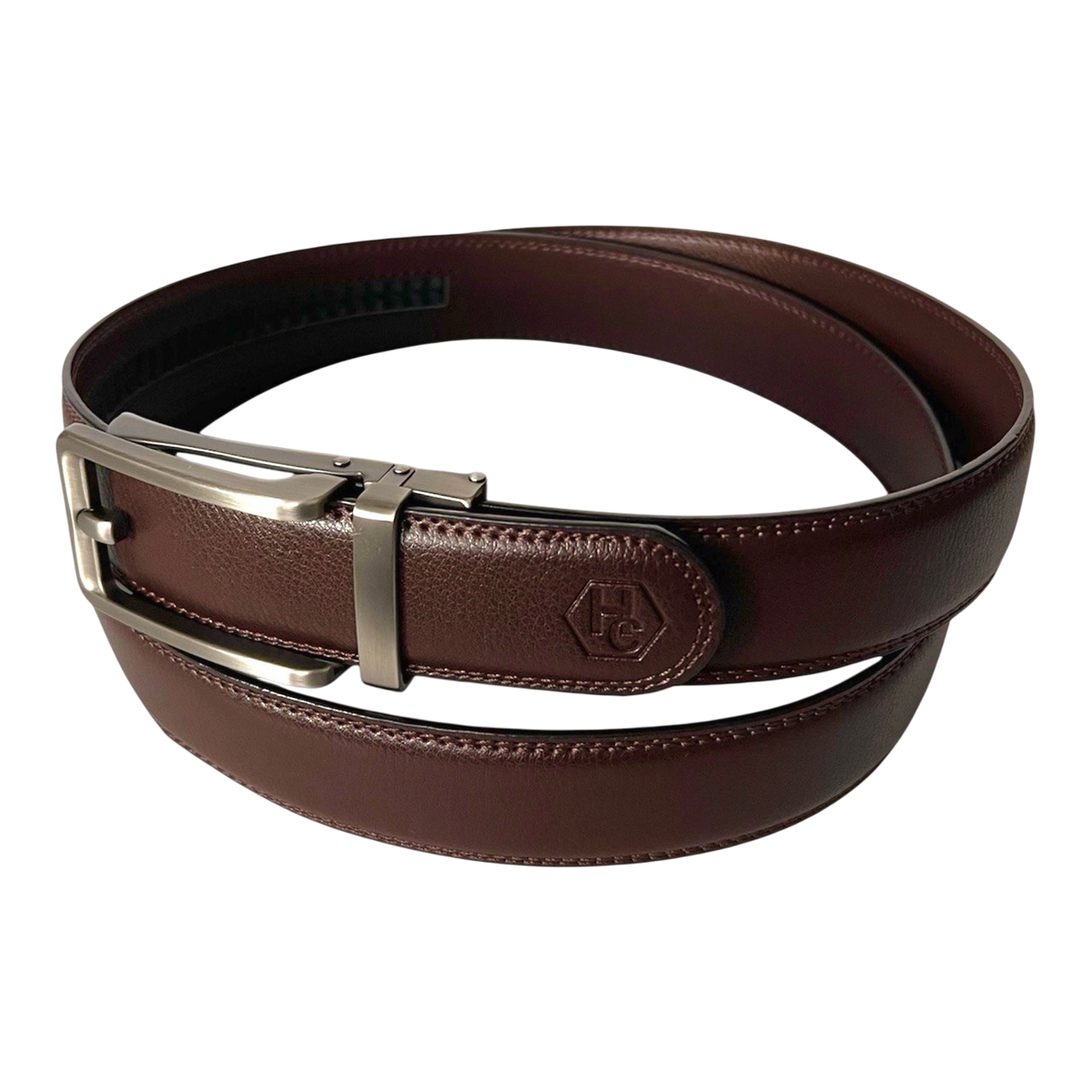 Dark brown leather ratchet belt with matte silver buckle, 1.38 inch, by Hedonist Chicago