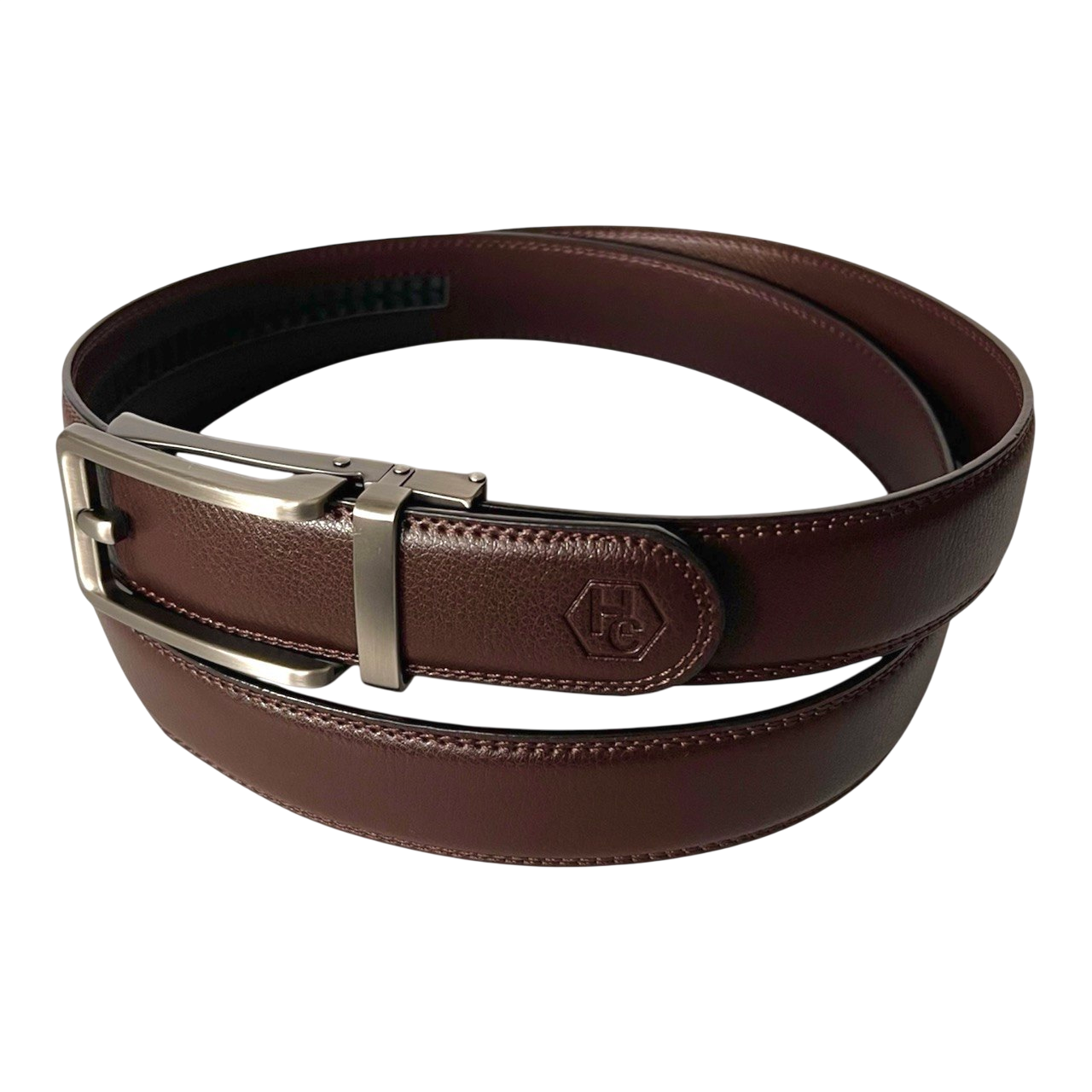 Dark brown leather ratchet belt with matte silver buckle, 1.38 inch, by Hedonist Chicago