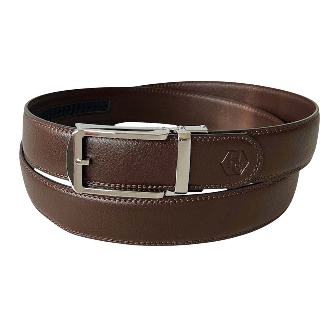 Dark brown leather ratchet belt with polished silver buckle, 1.38 inch, by Hedonist Chicago