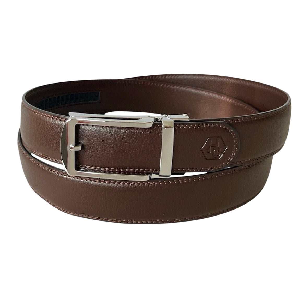 Dark brown leather ratchet belt with polished silver buckle, 1.38 inch, by Hedonist Chicago
