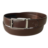 Dark brown leather ratchet belt with polished silver buckle, 1.38 inch, by Hedonist Chicago