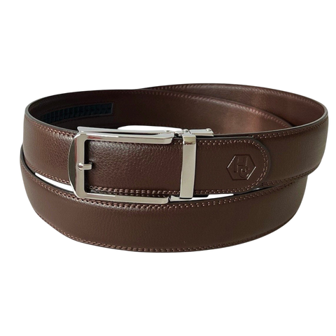 Dark brown leather ratchet belt with polished silver buckle, 1.38 inch, by Hedonist Chicago