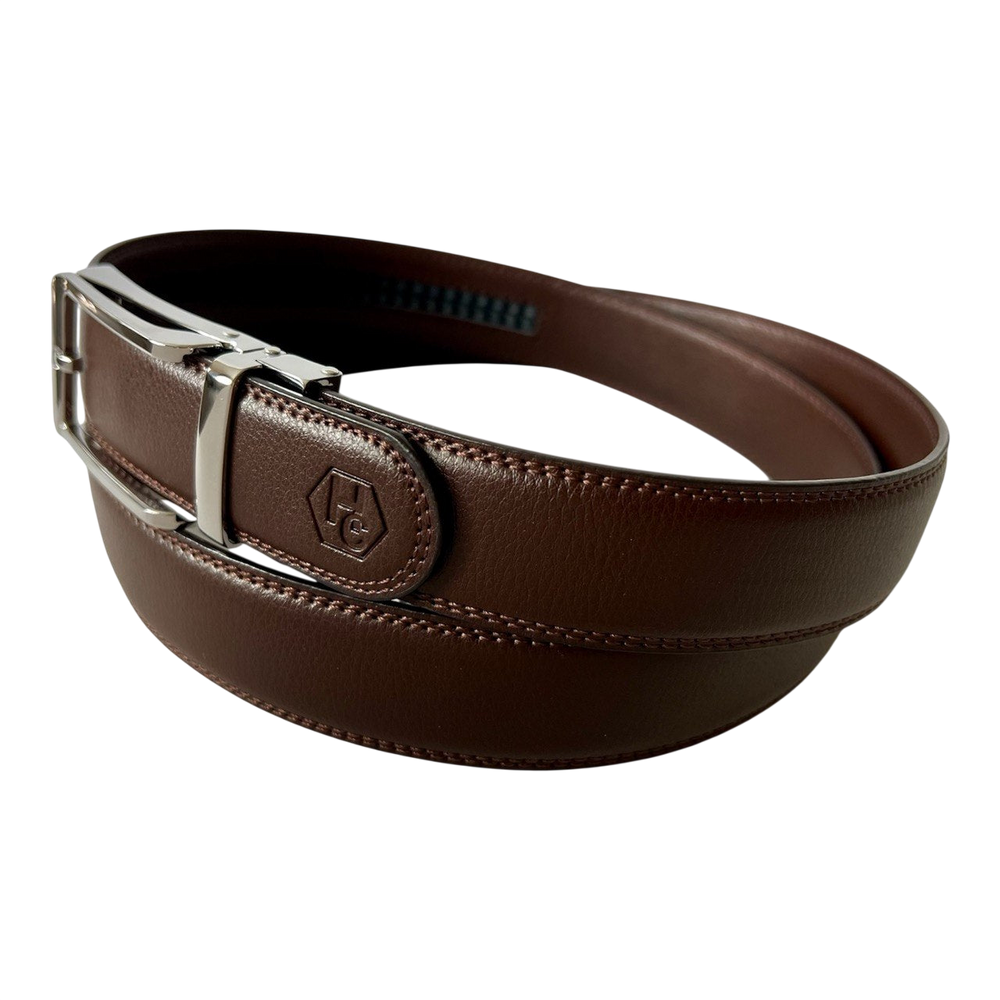 Dark brown leather ratchet belt with polished silver buckle, 1.38 inch, by Hedonist Chicago
