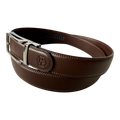 Dark brown leather ratchet belt with polished silver buckle, 1.38 inch, by Hedonist Chicago