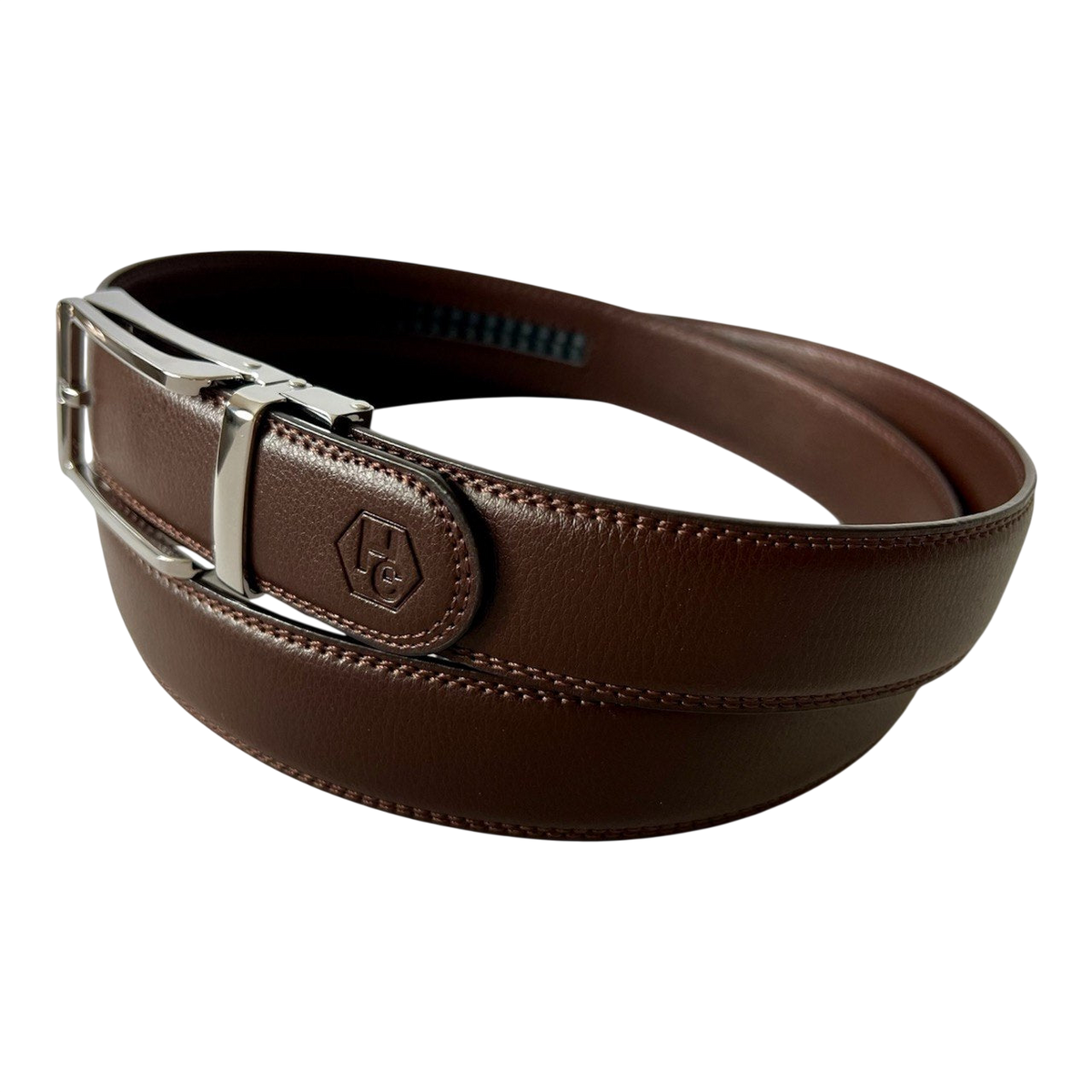 Dark brown leather ratchet belt with polished silver buckle, 1.38 inch, by Hedonist Chicago