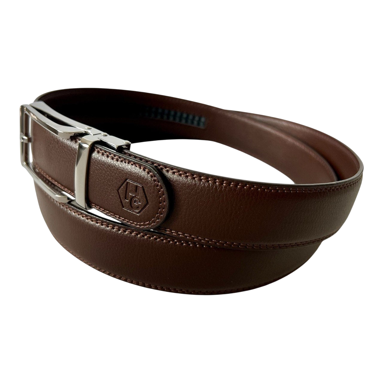 Dark brown leather ratchet belt with polished silver buckle, 1.38 inch, by Hedonist Chicago