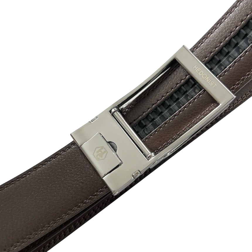 Dark brown leather ratchet belt with polished silver buckle, 1.38 inch, by Hedonist Chicago