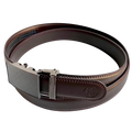 Dark brown leather dress ratchet belt with saffiano effect buckle, buckle detail close-up