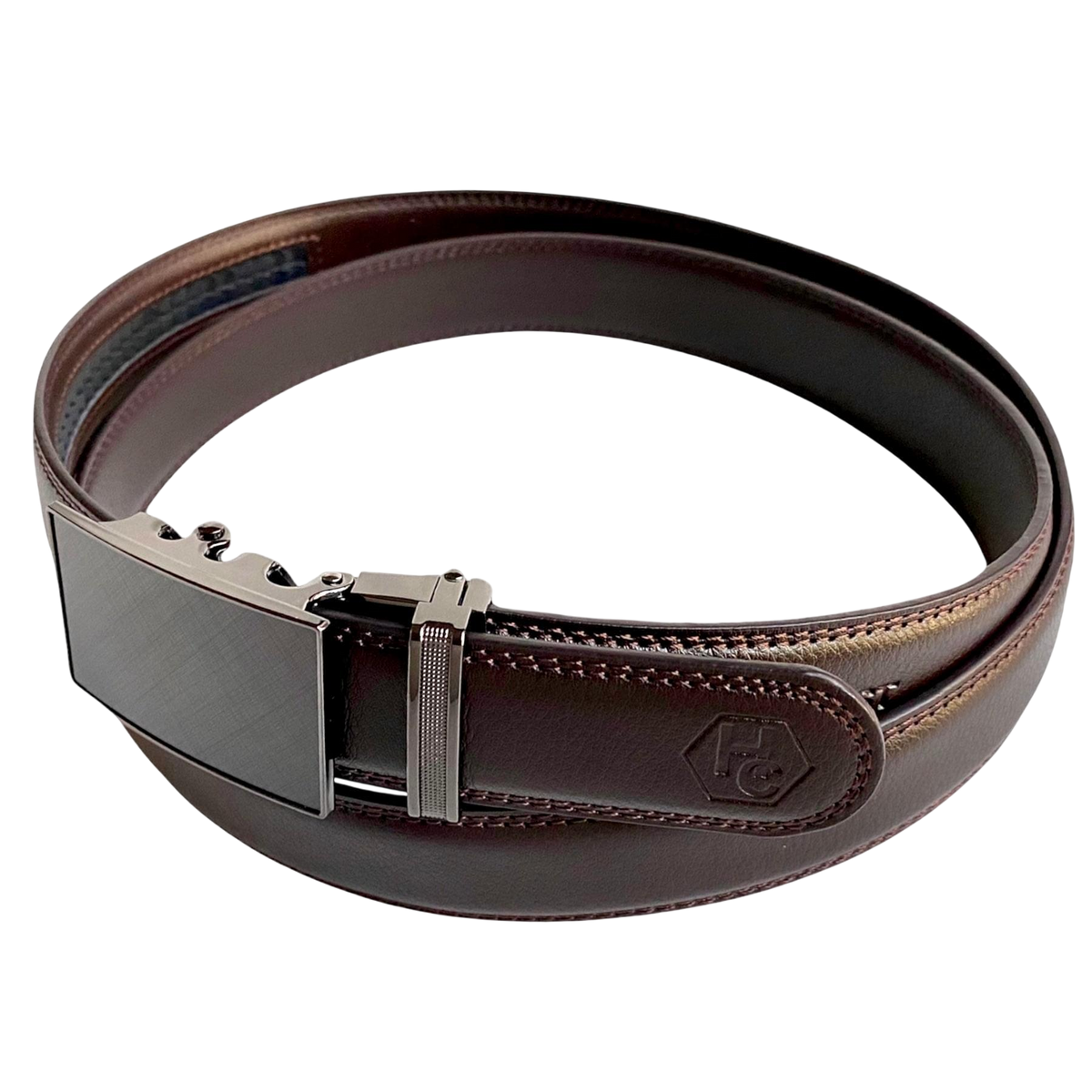 Dark brown leather dress ratchet belt with saffiano effect buckle, buckle detail close-up