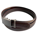 Dark brown leather dress ratchet belt with saffiano effect buckle, buckle detail close-up