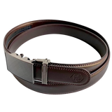 Dark brown leather dress ratchet belt with saffiano effect buckle, buckle detail close-up