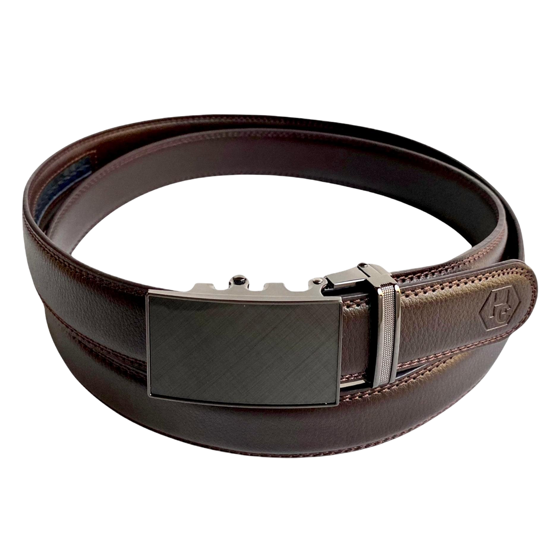 Dark brown leather dress ratchet belt with saffiano effect buckle, front view