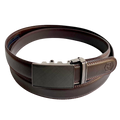 Dark brown leather dress ratchet belt with saffiano effect buckle, front view
