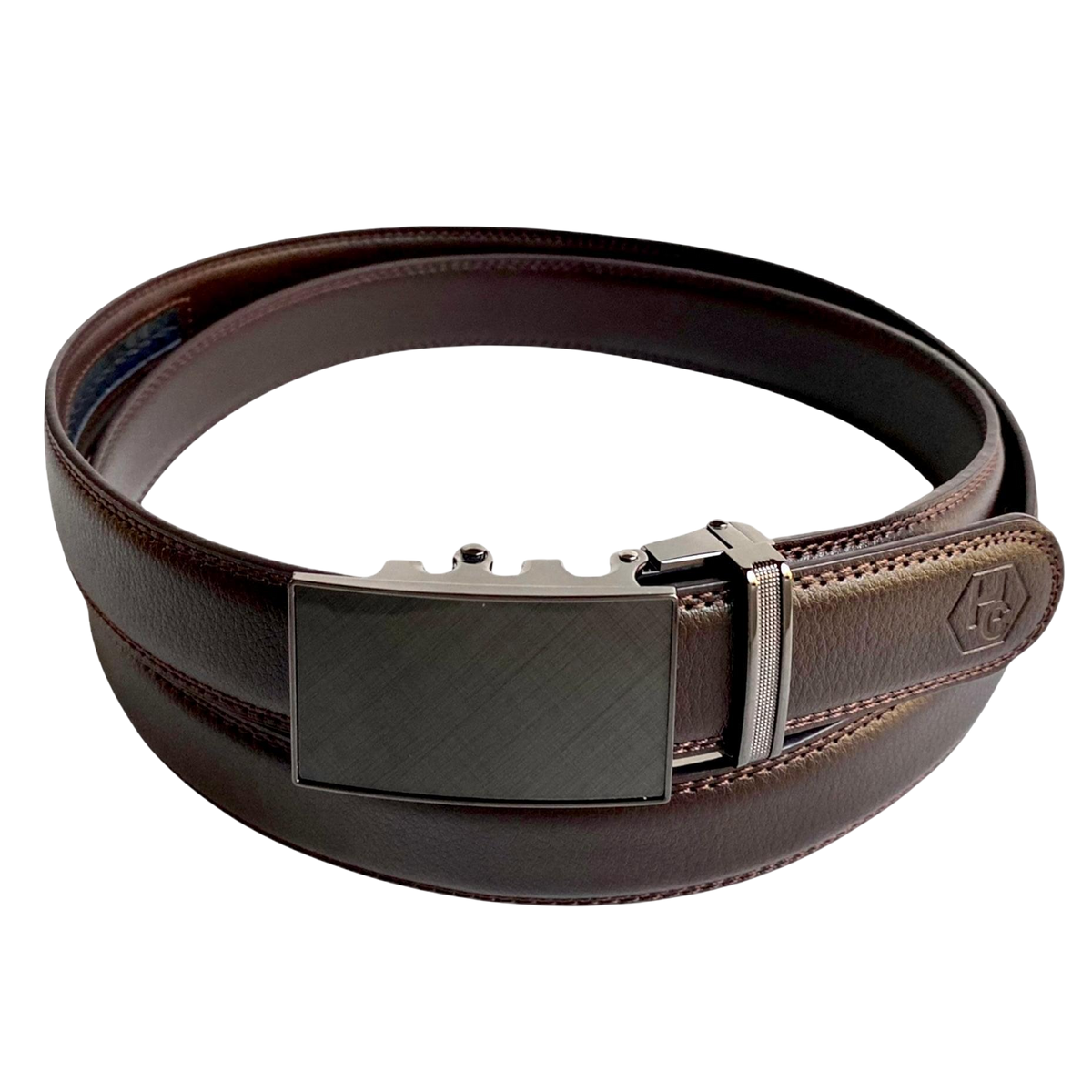 Dark brown leather dress ratchet belt with saffiano effect buckle, front view