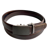 Dark brown leather dress ratchet belt with saffiano effect buckle, front view