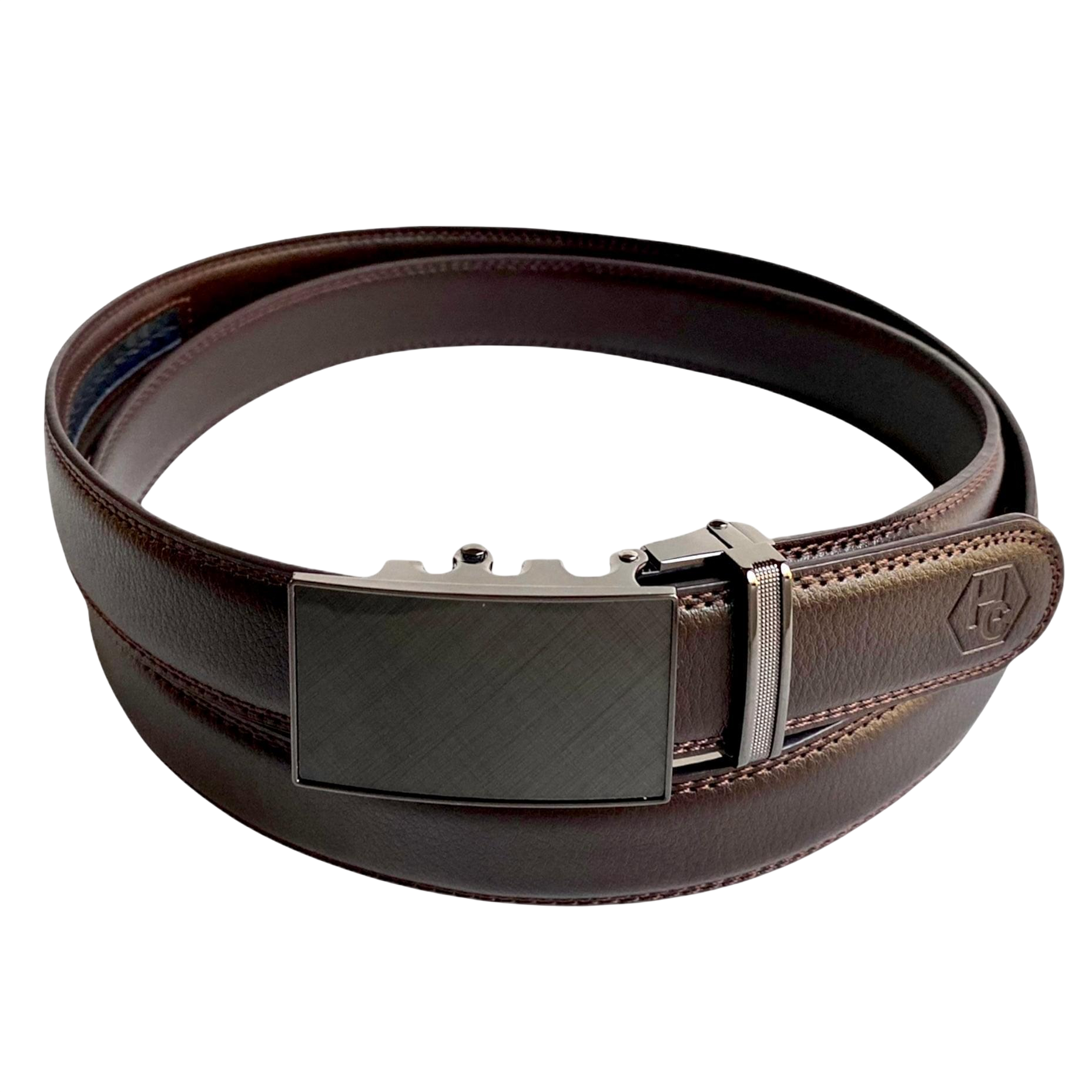 Dark brown leather dress ratchet belt with saffiano effect buckle, front view