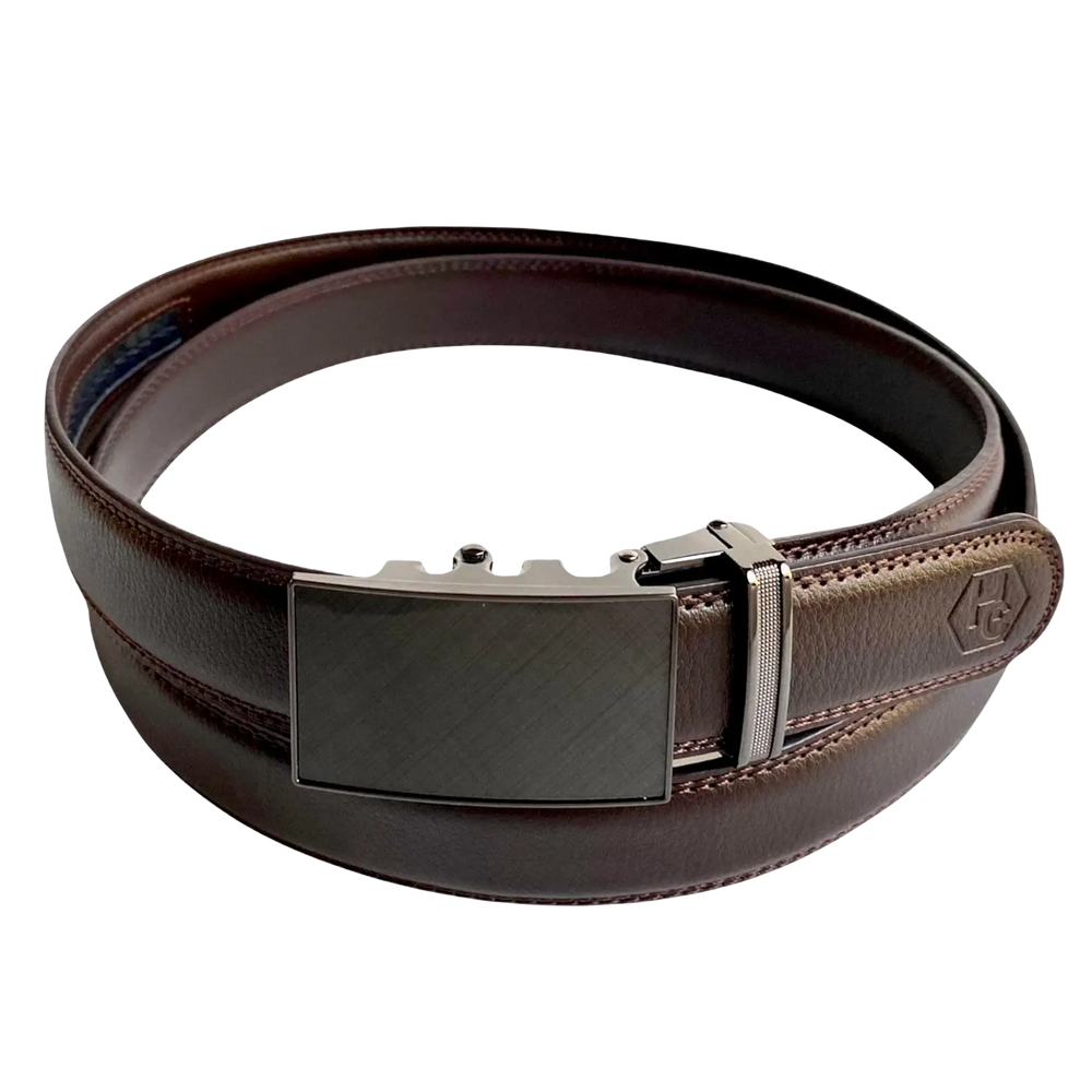 Dark brown leather dress ratchet belt with saffiano effect buckle, front view