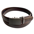 Dark brown leather dress ratchet belt with saffiano effect buckle, front view