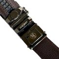 Dark brown leather dress ratchet belt with saffiano effect buckle, hardware close-up
